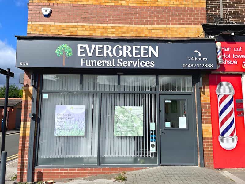 An image of the Evergreen Funeral Services outdoor signage.